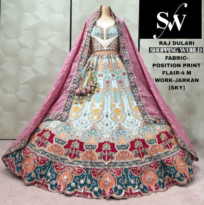 Pleasing Rani pink Sky blue pink pista green mehendi green position print Lehenga