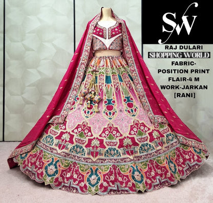 Pleasing Rani pink Sky blue pink pista green mehendi green position print Lehenga