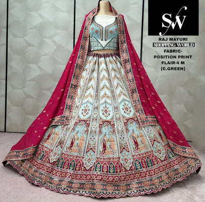 Lavishing Mehendi green Position print peacock Lehenga