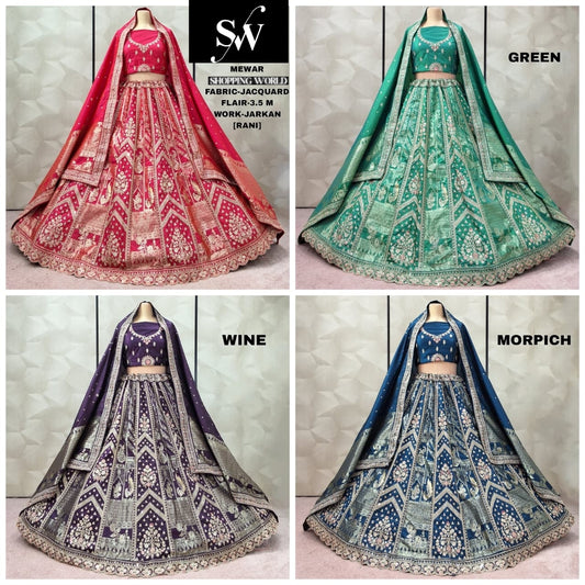 Lovely Rani pink Green Wine Morpich blue Jacquard Lehenga