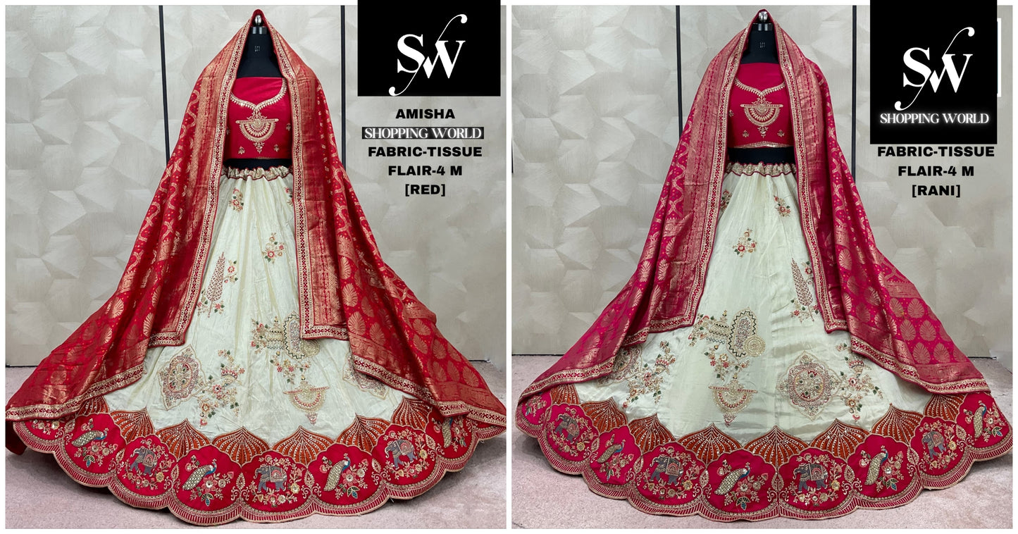 Designer Red Rani pink Tissue Lehenga