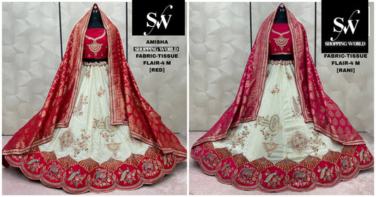 Designer Red Rani pink Tissue Lehenga