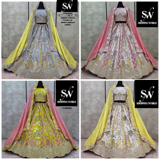 Gorgeous yellow Grey Lavender pink Lemon yellow  White Tissue Lehenga