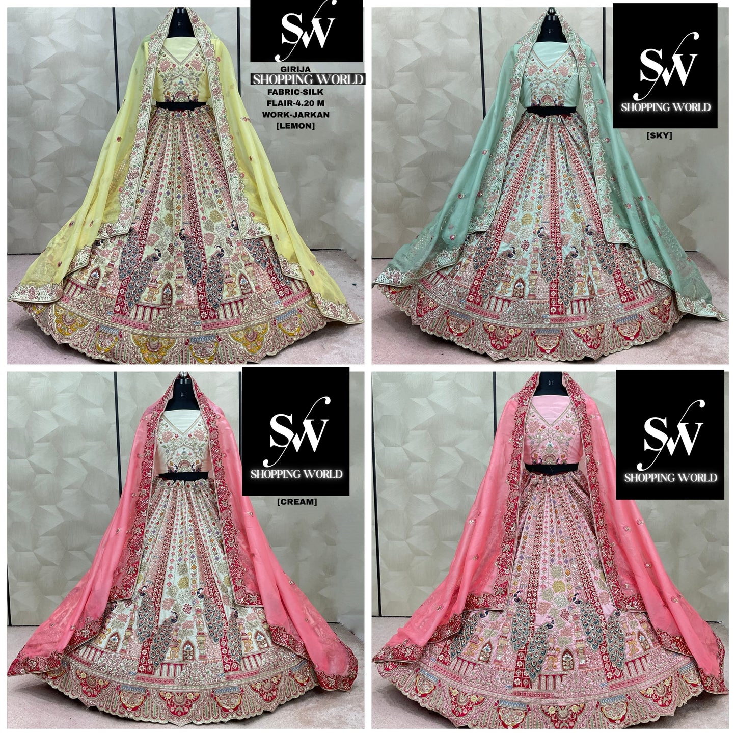 Glamorous Lemon green Sky blue Cream white pink peacock Silk Lehenga