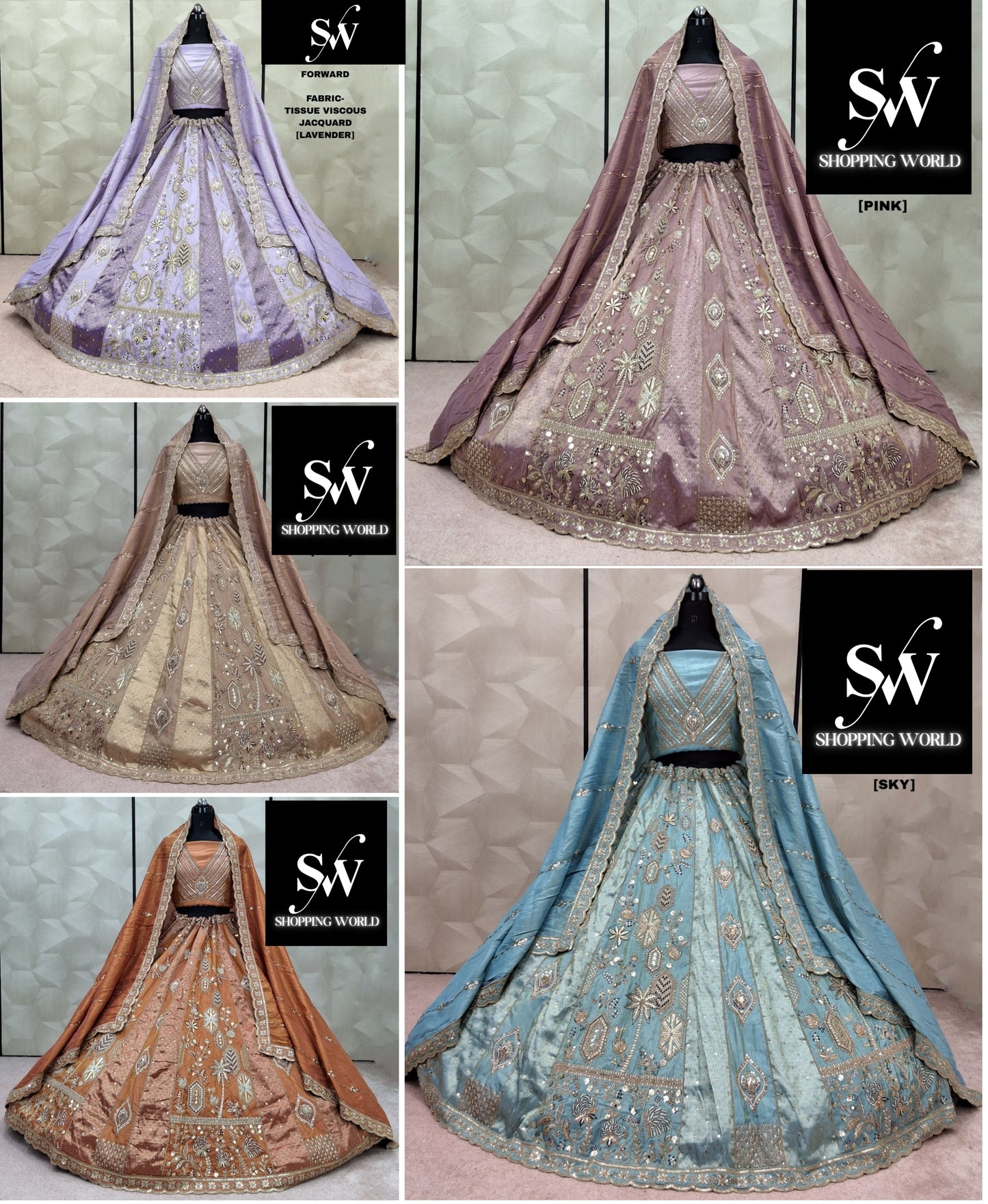 Astonishing Sky blue pink Lavender Brown peach Rust Orange Tissue Viscous Jacquard Lehenga