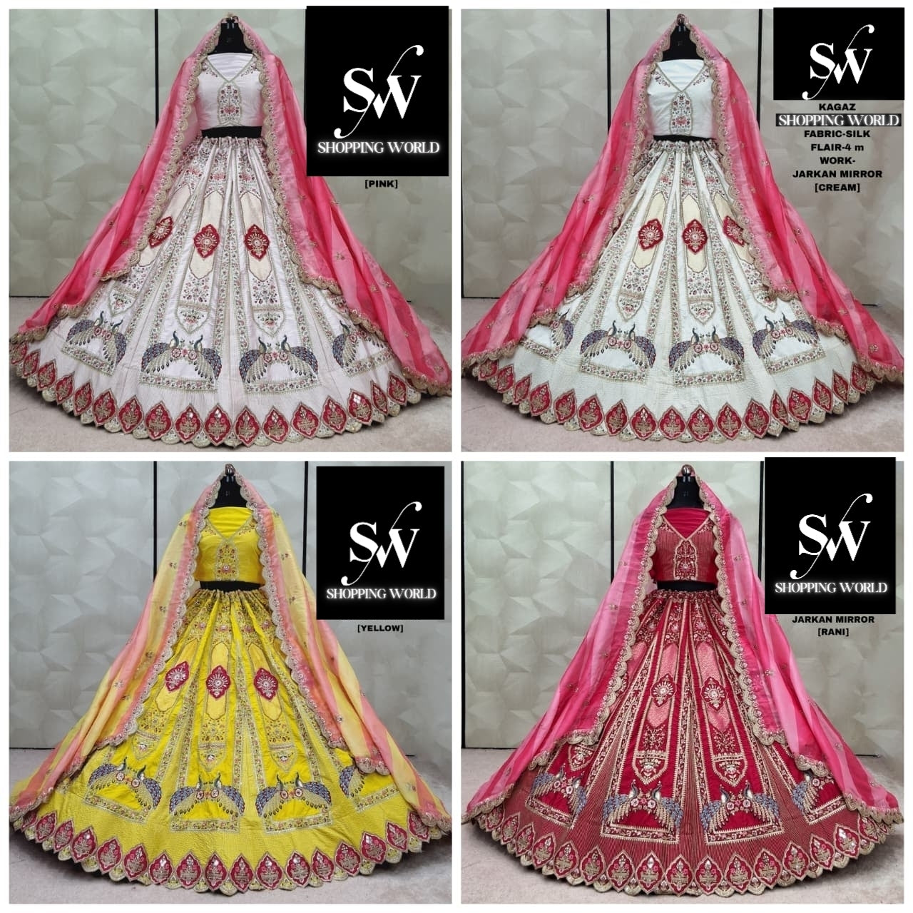 Fabulous Pink Cream yellow Rani pink peacock Silk Lehenga