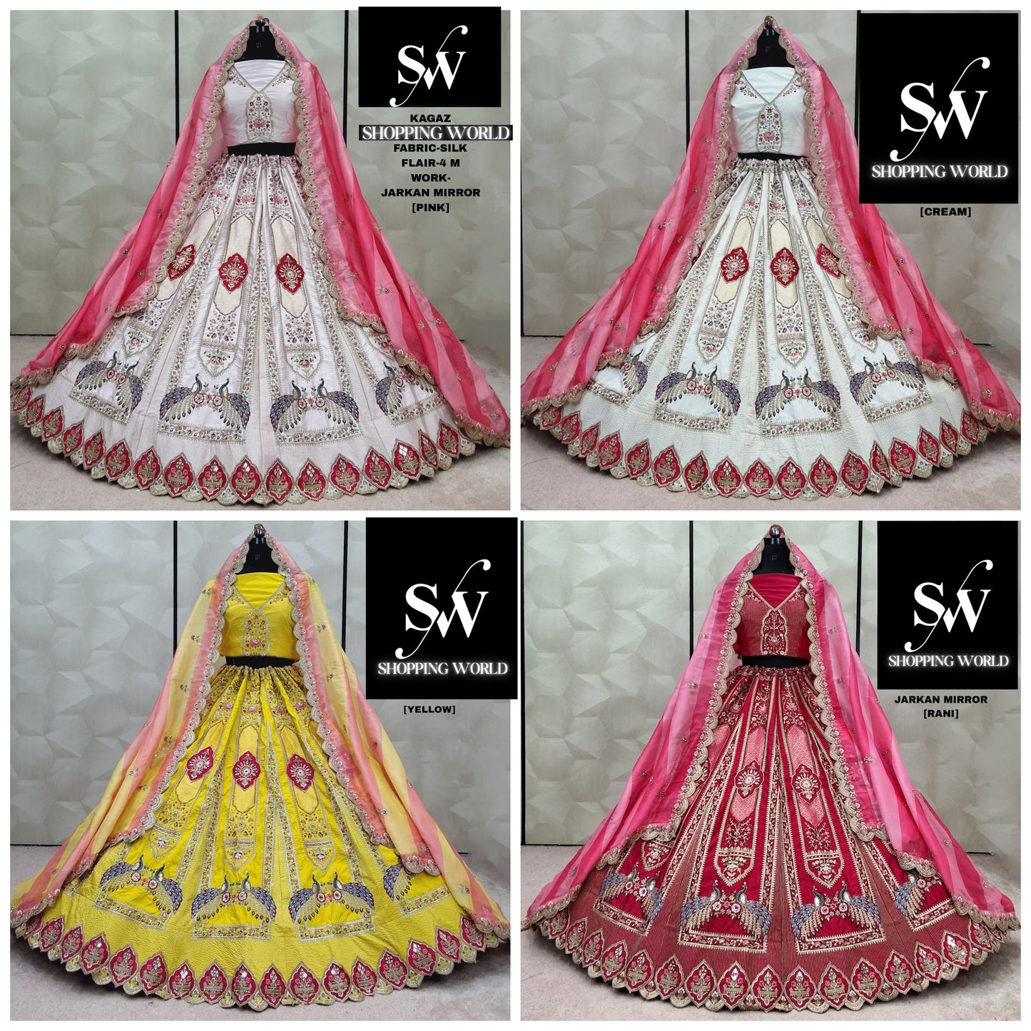 Fabulous Pink Cream yellow Rani pink peacock Silk Lehenga