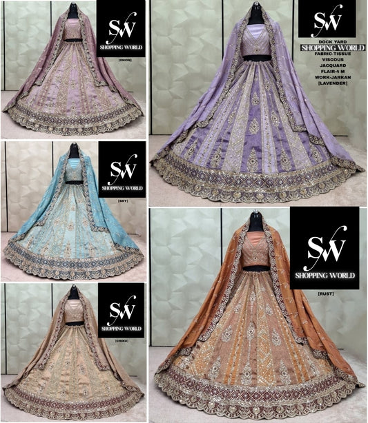 Awesome onion pink Lavender Sky blue Chiku golden Rust orange Tissue Viscous Jacquard Lehenga