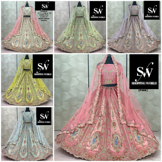 Amazing Chiku golden yellow pista green Lavender Sky blue pink Silk Lehenga