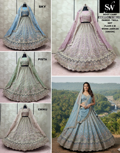 Good looking Sky blue Pista green Chiku golden onion pink Sky blue Twill Net Lehenga