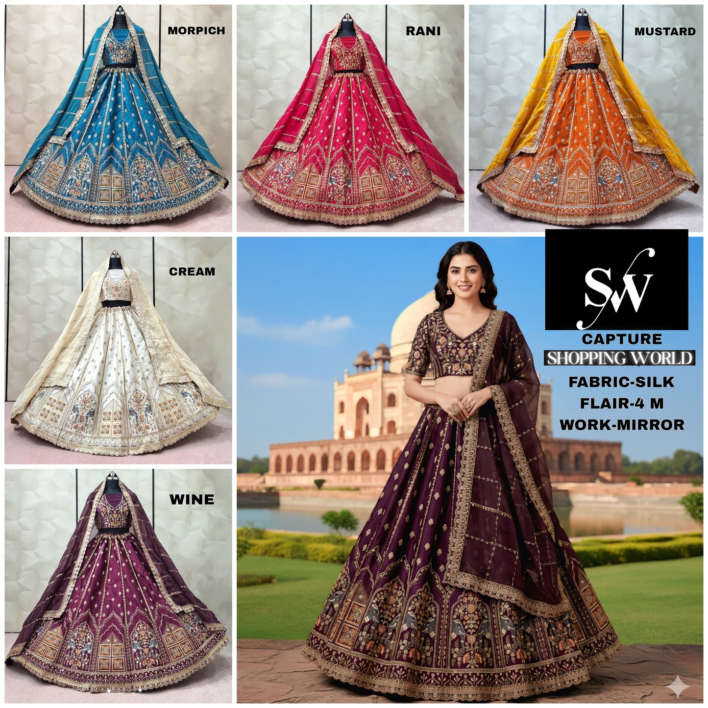 Gorgeous Rani pink Morpeach blue Cream White Wine mustard Silk Lehenga