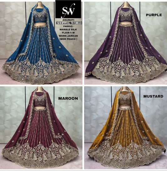 Attractive Maroon Mustard Purple Morpeach blue Marble Silk Lehenga