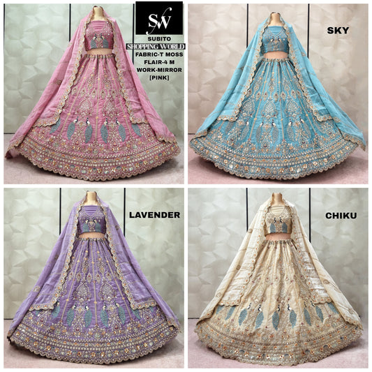 Fabulous Pink Sky blue Lavender Chiku golden Peacock Net Lehenga