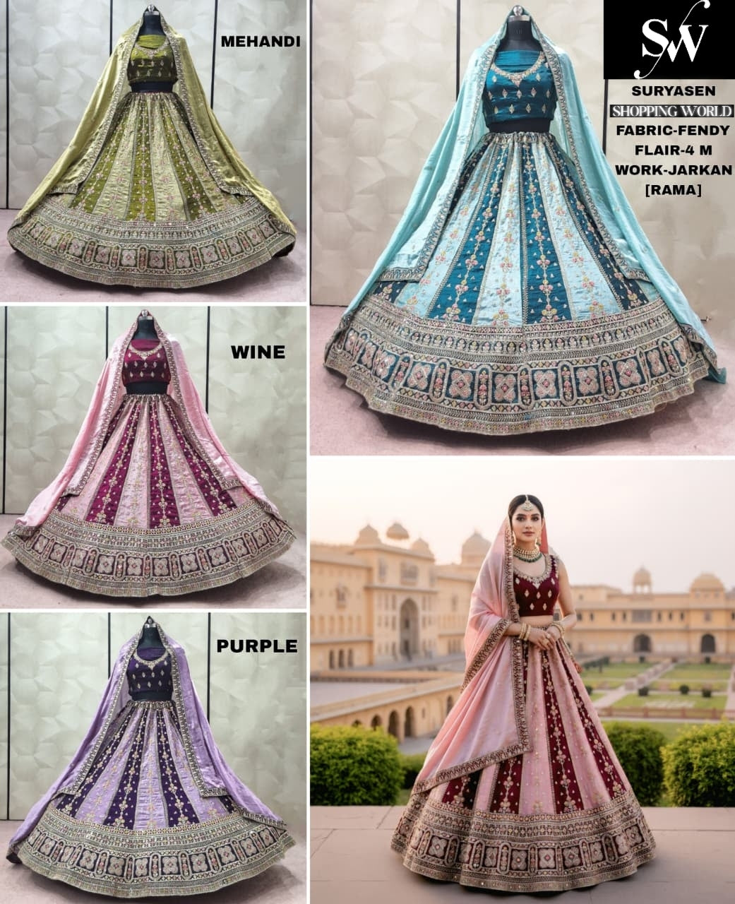 Amazing Rama green Mehendi green Wine Purple Lehenga