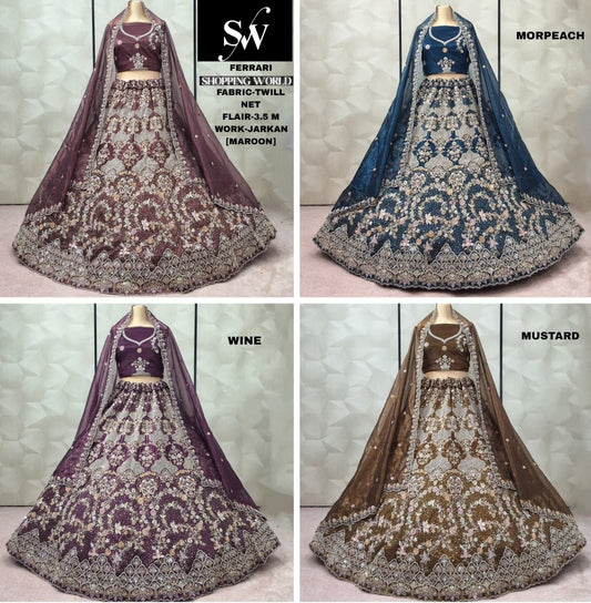 Elegant Maroon Wine Morpich Blue Mustard Twill Net Lehenga