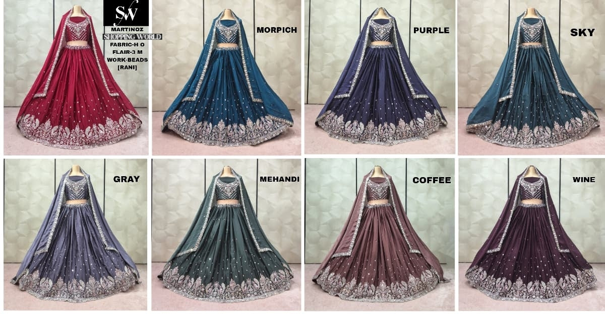 Pleasing Rani pink Morpich Blue Purple Sky blue Grey Mehendi green Coffee Wine Ho Lehenga