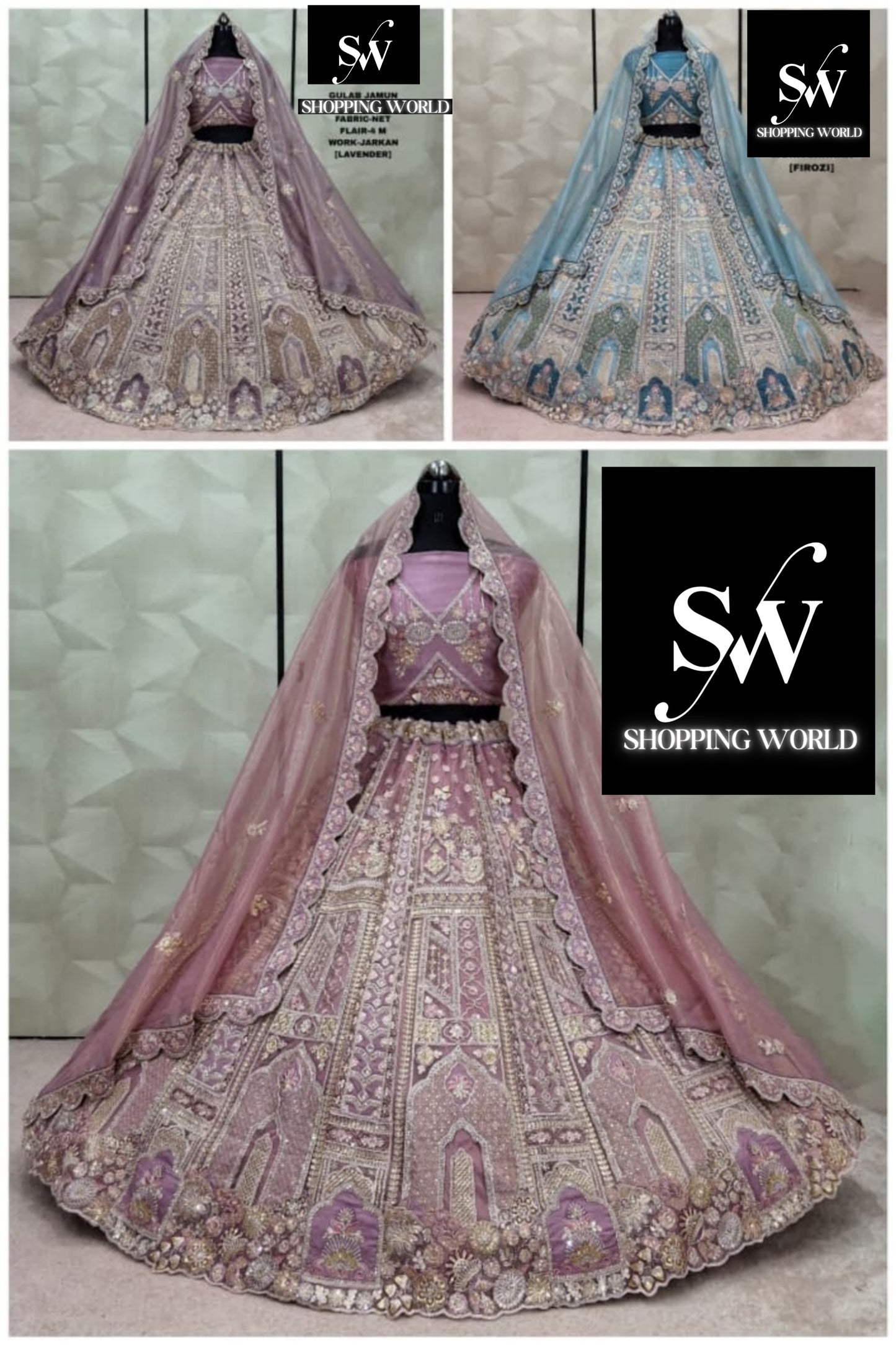 Khoobsurat pink Lavneder Firozi Blue Net Lehenga