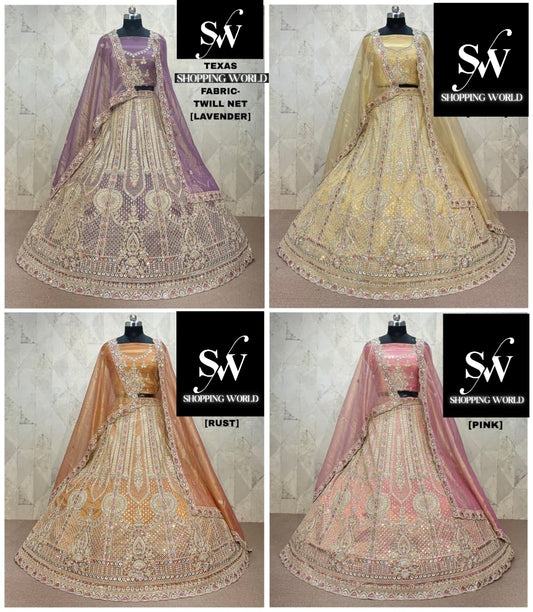 Tremendous Rust Orange pink Lavender golden Twill Net Lehenga