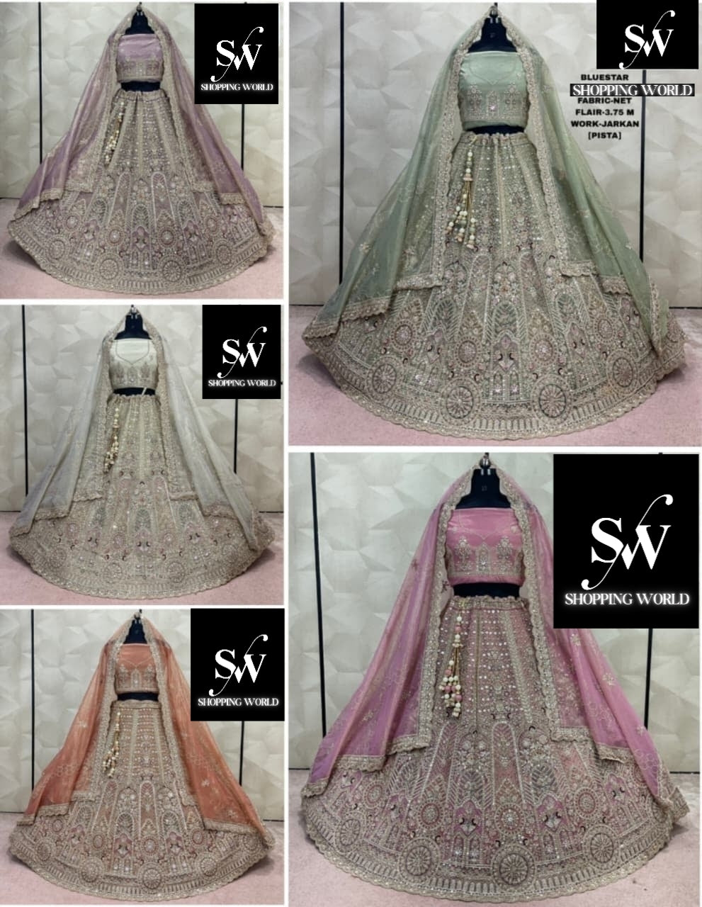 Designer pink pista Green peach Lavender White Net Lehenga