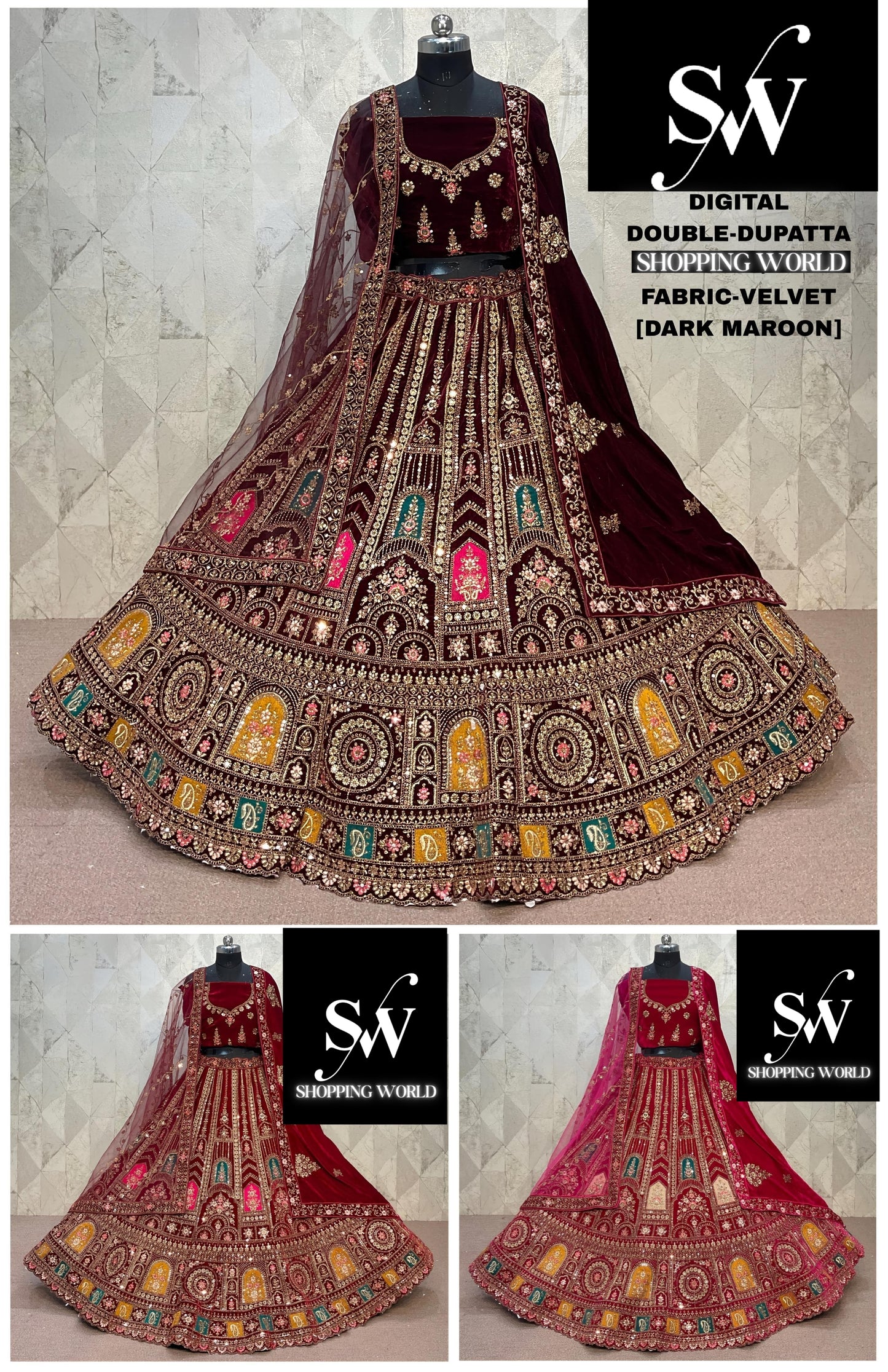 Stunning Rani pink Maroon Dark Maroon peacock Double Duptta Velvet Bridal Lehenga