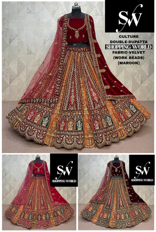 Gorgeous Rani pink Maroon Dark Maroon peacock Double Duptta Velvet Bridal Lehenga
