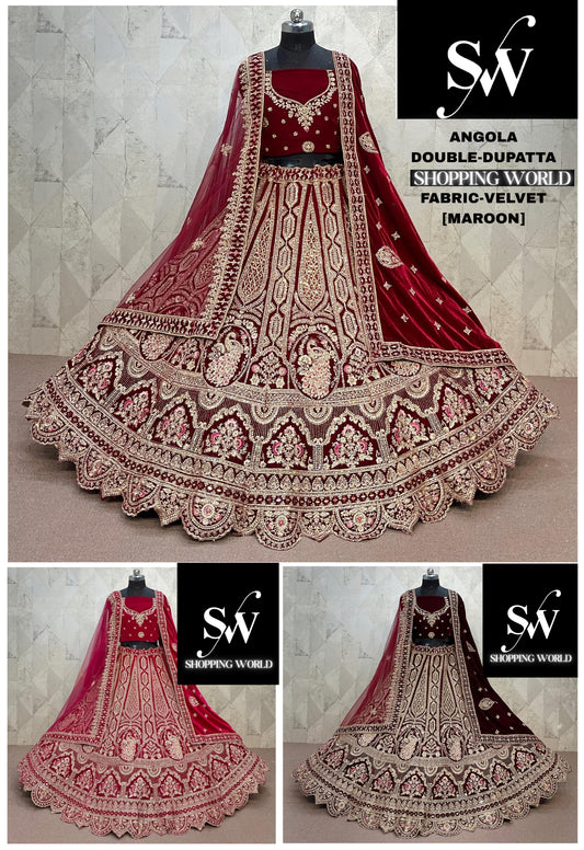 Glamorous Rani pink Maroon Dark Maroon peacock Double Duptta Velvet Bridal Lehenga