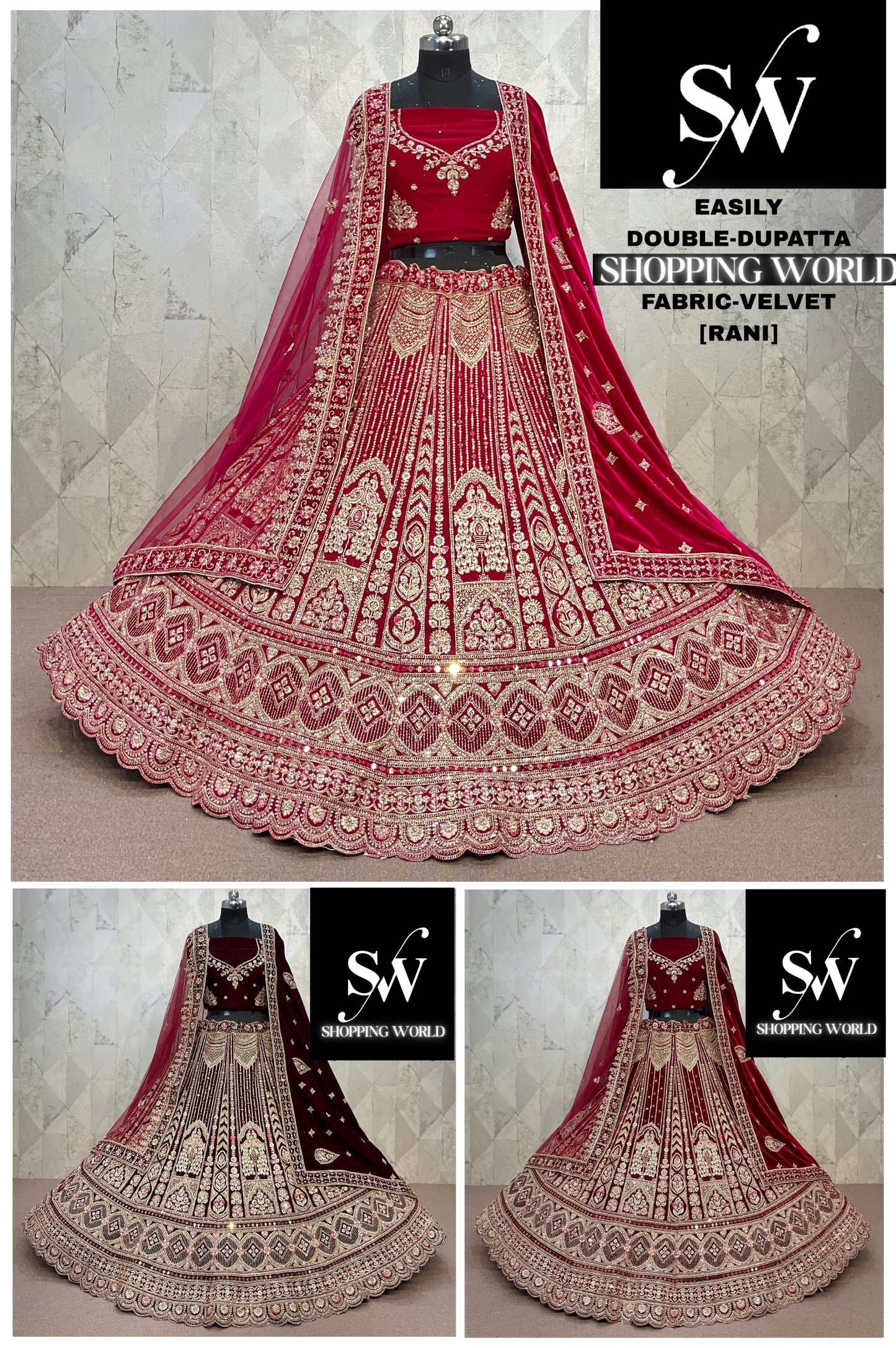 Astonishing Rani pink Maroon Dark Maroon peacock Double Duptta Velvet Bridal Lehenga