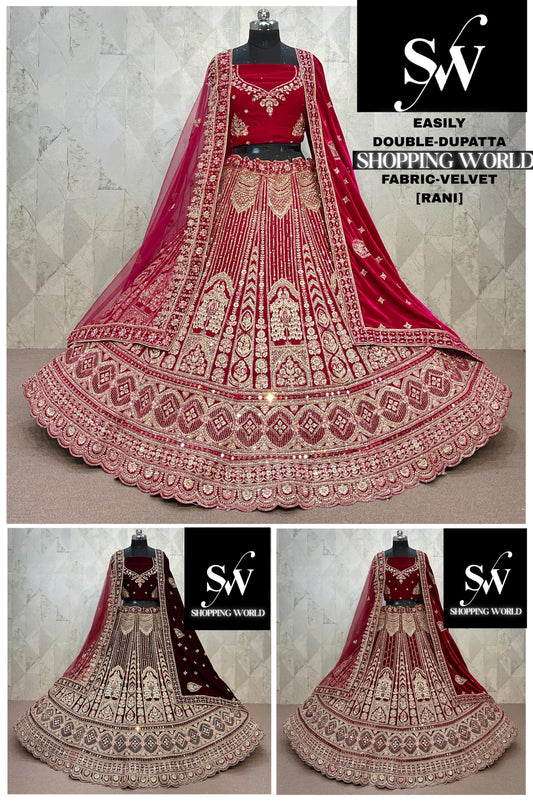 Astonishing Rani pink Maroon Dark Maroon peacock Double Duptta Velvet Bridal Lehenga