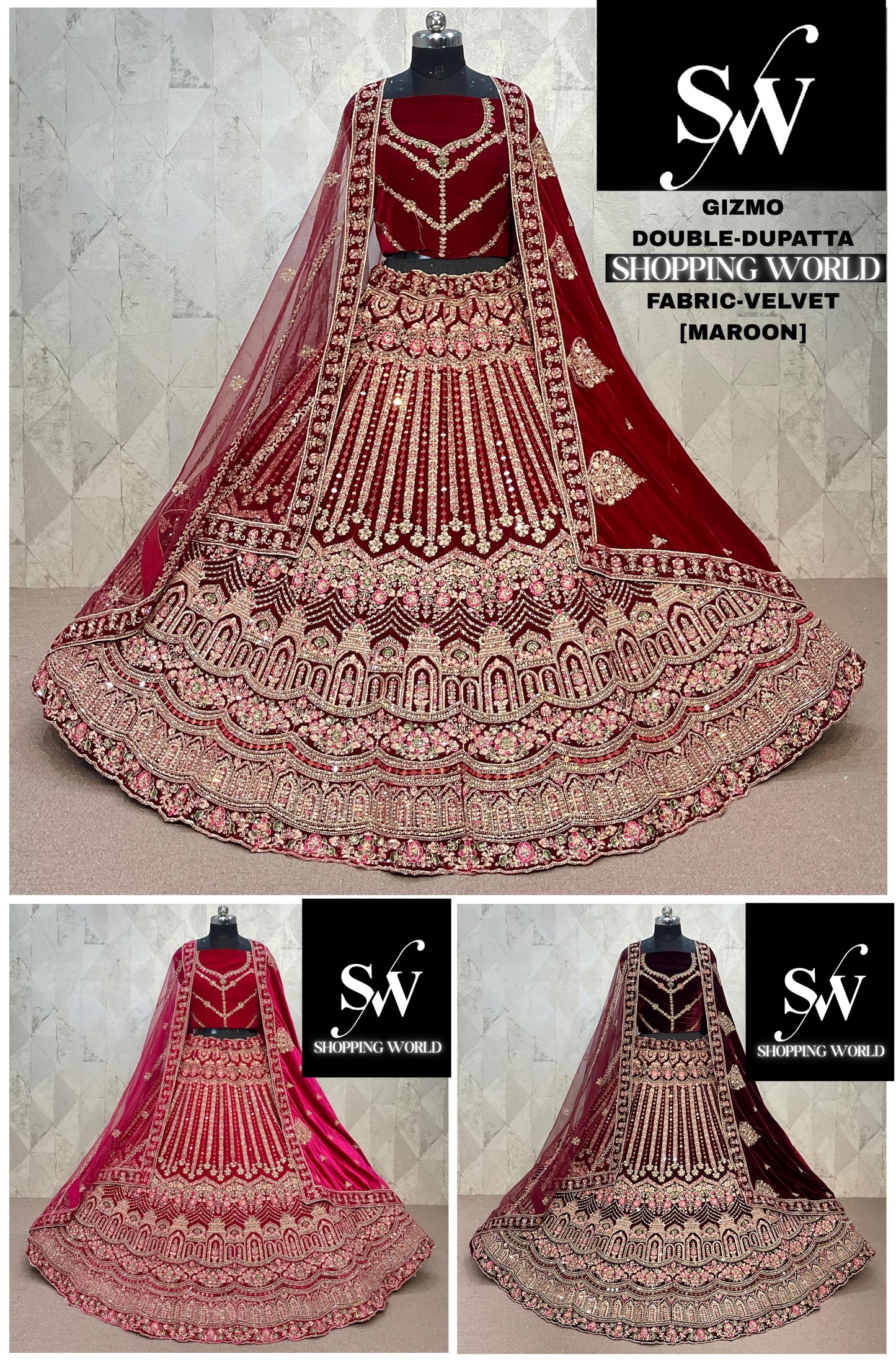 Attractive Rani pink Maroon Dark Maroon peacock Double Duptta Velvet Bridal Lehenga