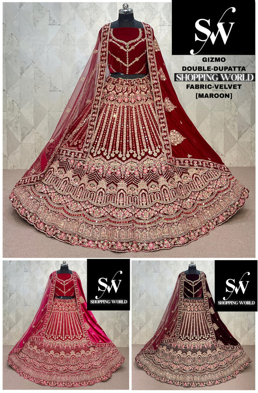 Attractive Rani pink Maroon Dark Maroon peacock Double Duptta Velvet Bridal Lehenga