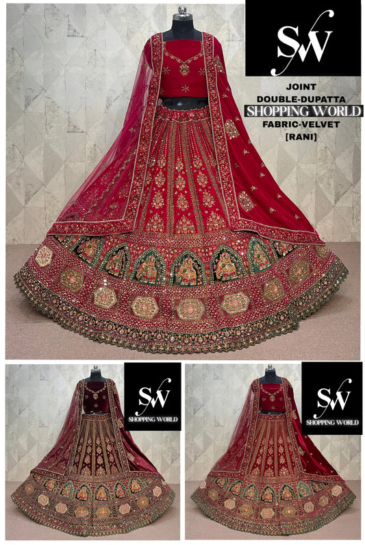 Fabulous Rani pink Maroon Dark Maroon peacock Double Duptta Velvet Bridal Lehenga