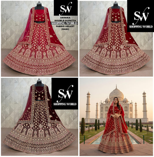 Fantastic Rani pink Maroon Dark Maroon peacock Double Duptta Velvet Bridal Lehenga
