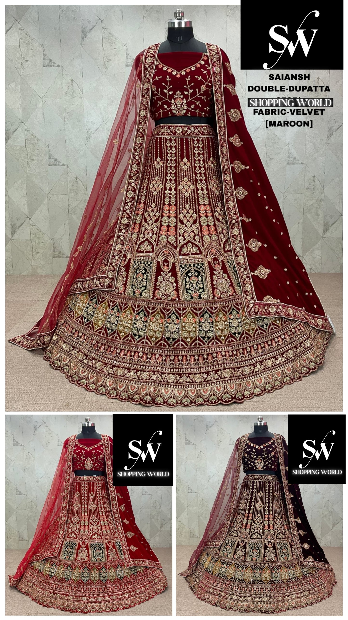 Awesome Rani pink Maroon Dark Maroon peacock Double Duptta Velvet Bridal Lehenga