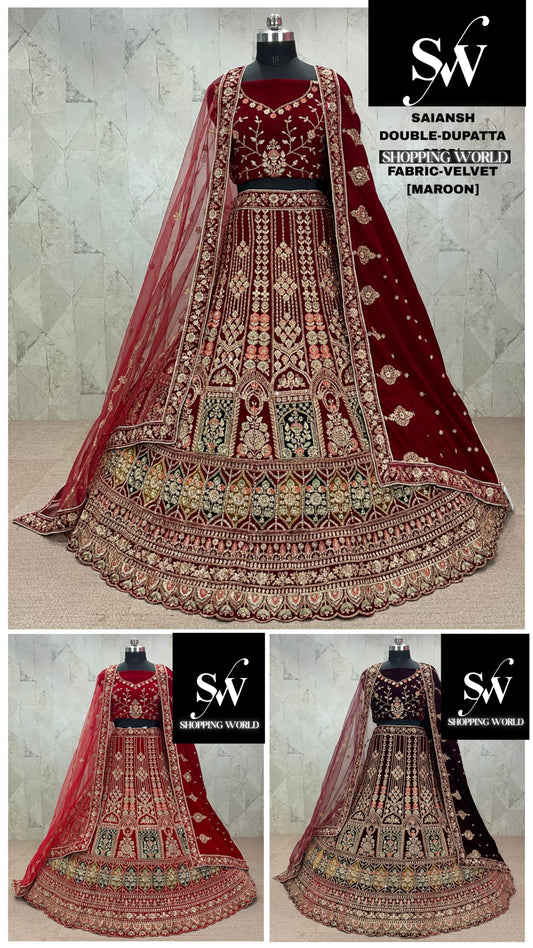 Awesome Rani pink Maroon Dark Maroon peacock Double Duptta Velvet Bridal Lehenga