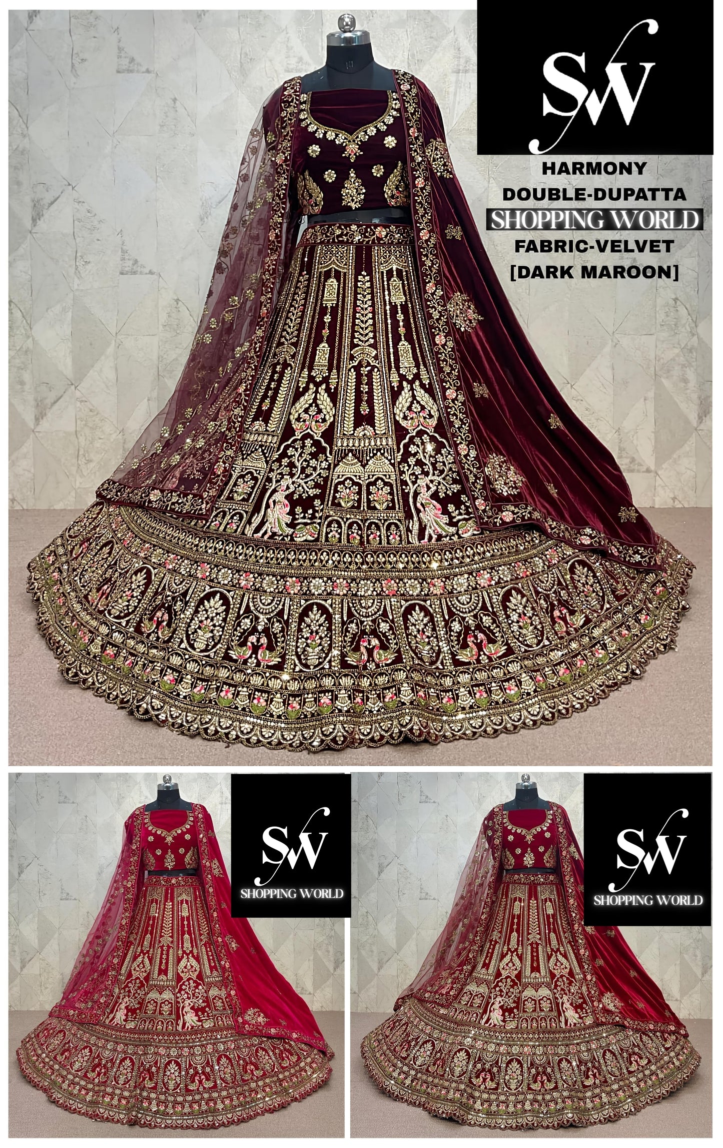Engaging Rani pink Maroon Dark Maroon peacock Double Duptta Velvet Bridal Lehenga