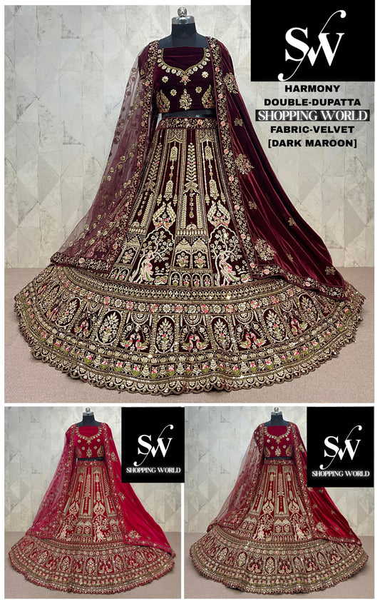 Engaging Rani pink Maroon Dark Maroon peacock Double Duptta Velvet Bridal Lehenga