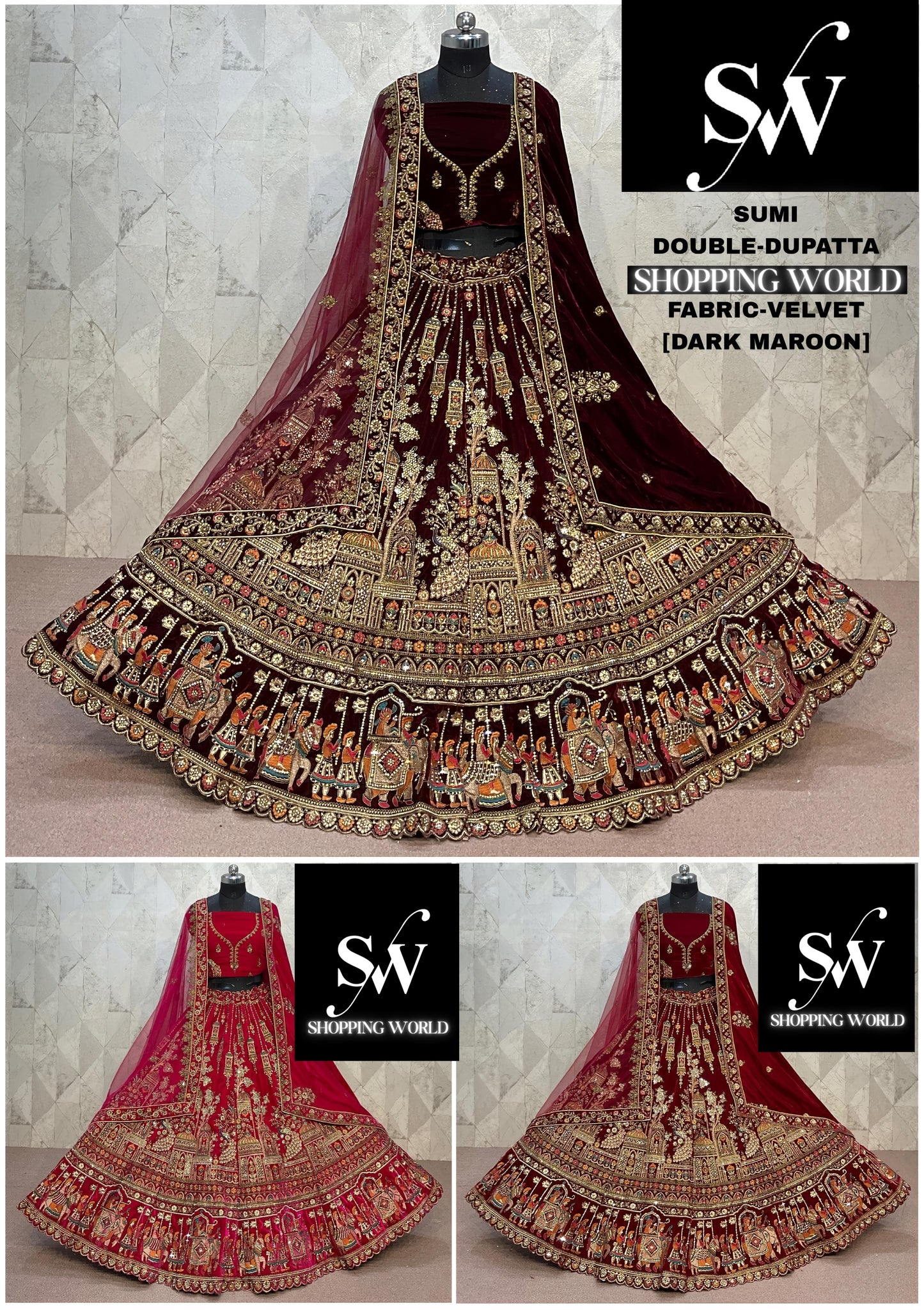 Elegant Rani pink Maroon Dark Maroon peacock Double Duptta Velvet Bridal Lehenga