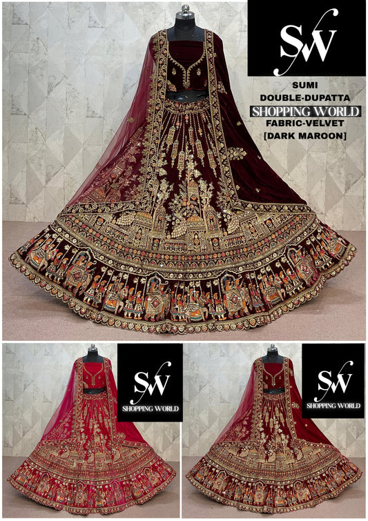 Elegant Rani pink Maroon Dark Maroon peacock Double Duptta Velvet Bridal Lehenga