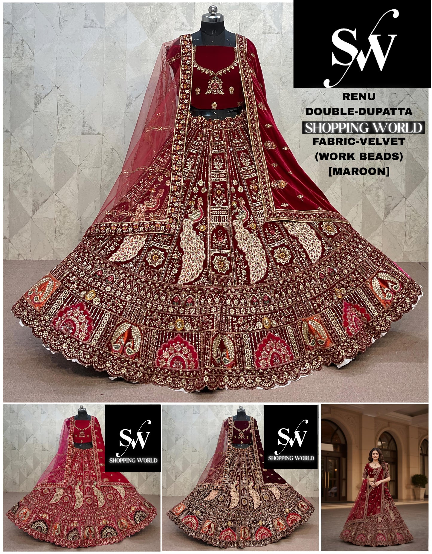 Delightful Rani pink Maroon Dark Maroon peacock Double Duptta Velvet Bridal Lehenga