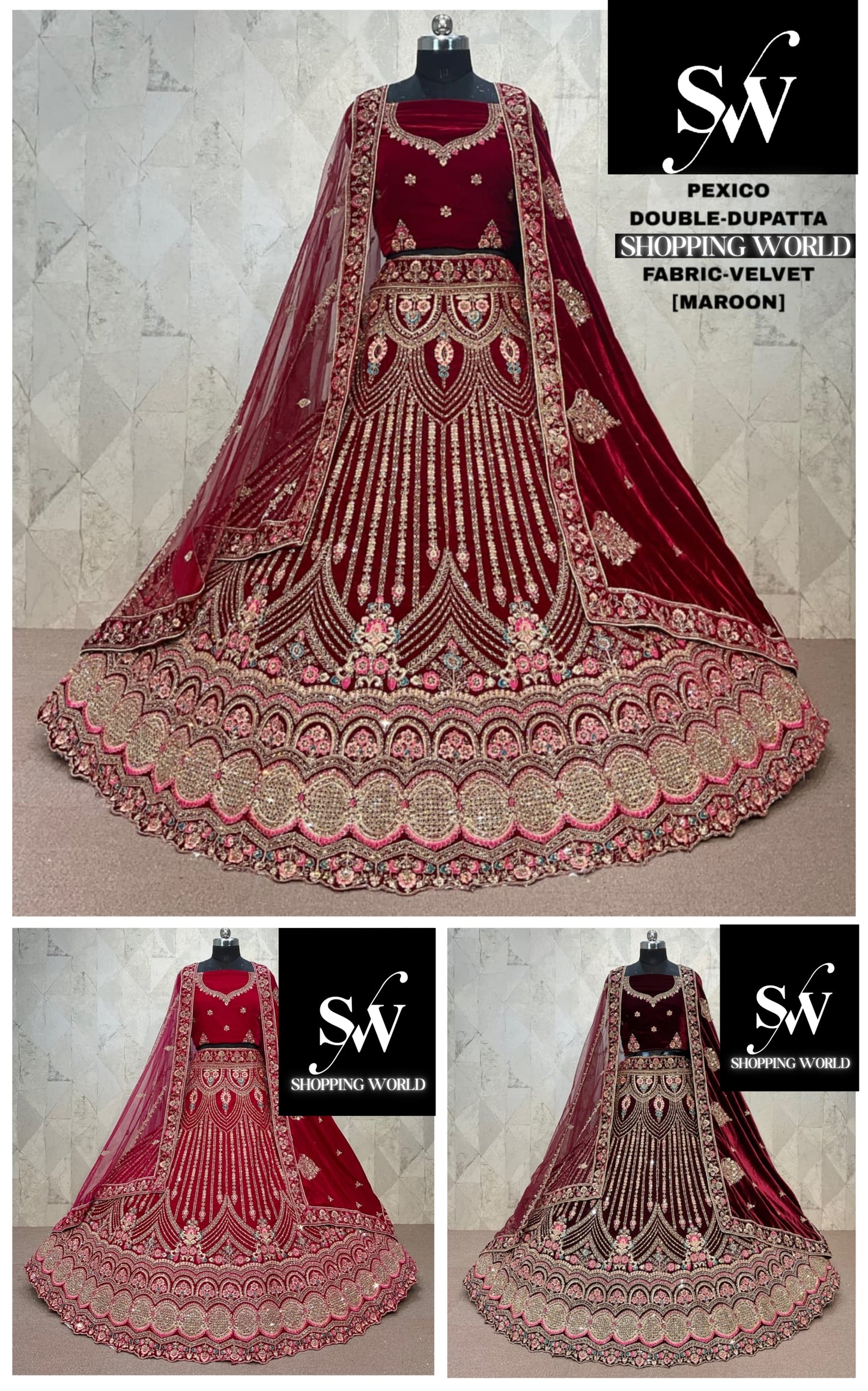 Embellished Rani pink Maroon Dark Maroon Double Duptta Velvet Bridal Lehenga