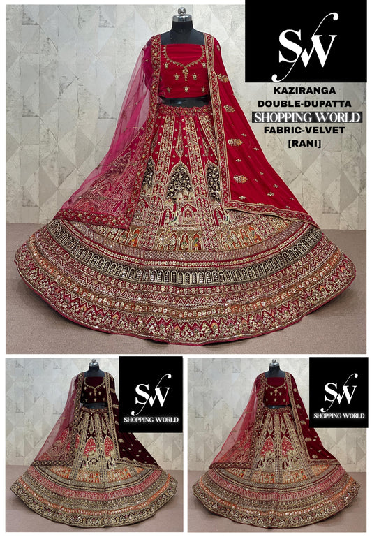 Something different Rani pink Maroon Dark Maroon peacock Double Duptta Velvet Bridal Lehenga