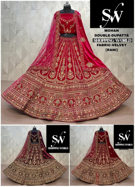 Majestic Rani pink Maroon Dark Maroon Double Duptta Velvet Bridal Lehenga