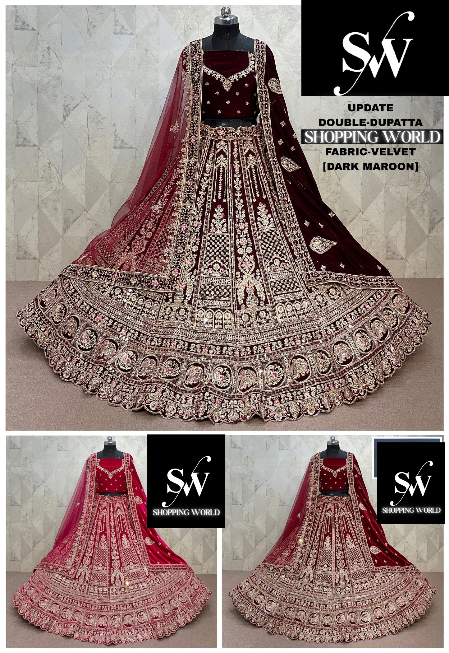 Lavishing Dark Maroon Maroon Rani pink Double Duptta Velvet Bridal Lehenga