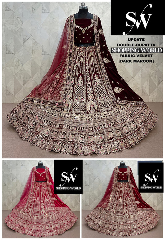 Lavishing Dark Maroon Maroon Rani pink Double Duptta Velvet Bridal Lehenga
