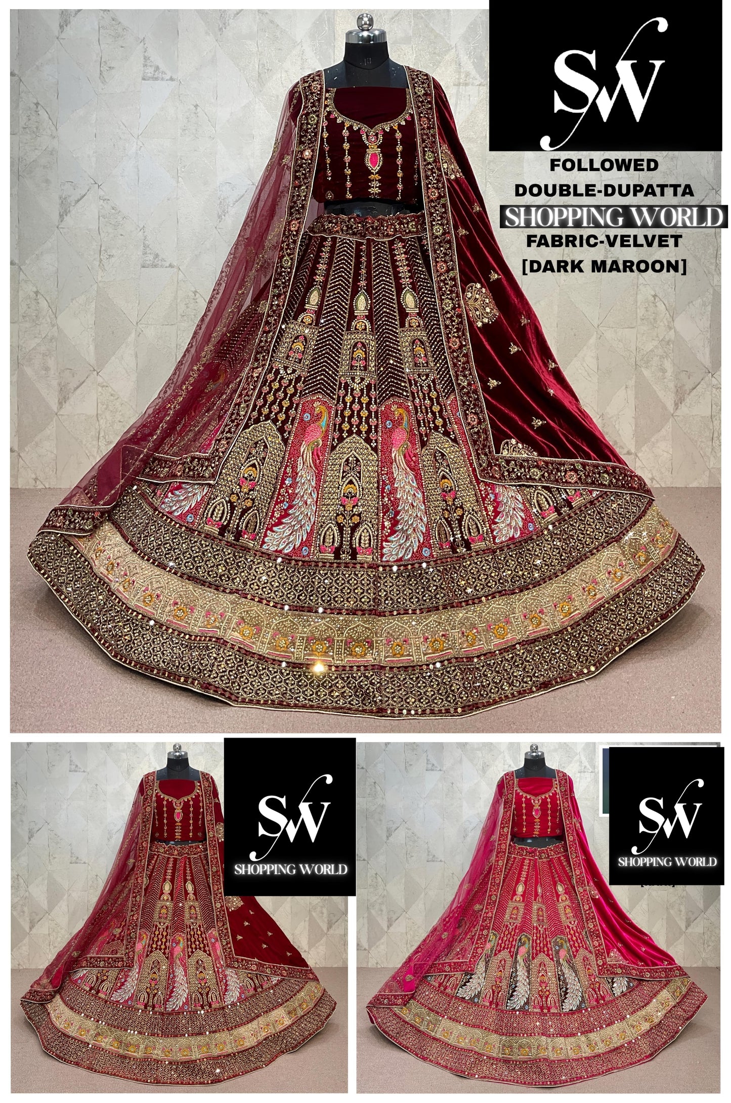 Beautiful Dark Maroon Maroon Rani pink peacock Double Duptta Velvet Bridal Lehenga