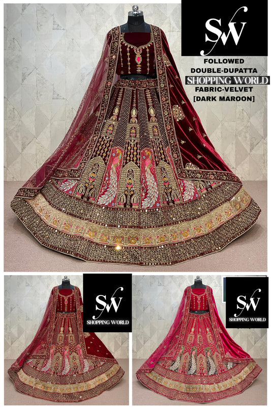 Beautiful Dark Maroon Maroon Rani pink peacock Double Duptta Velvet Bridal Lehenga