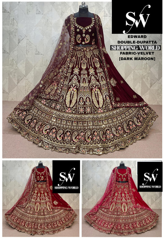 Lovely Dark Maroon Rani pink Maroon peacock Double Duptta Velvet Bridal Lehenga