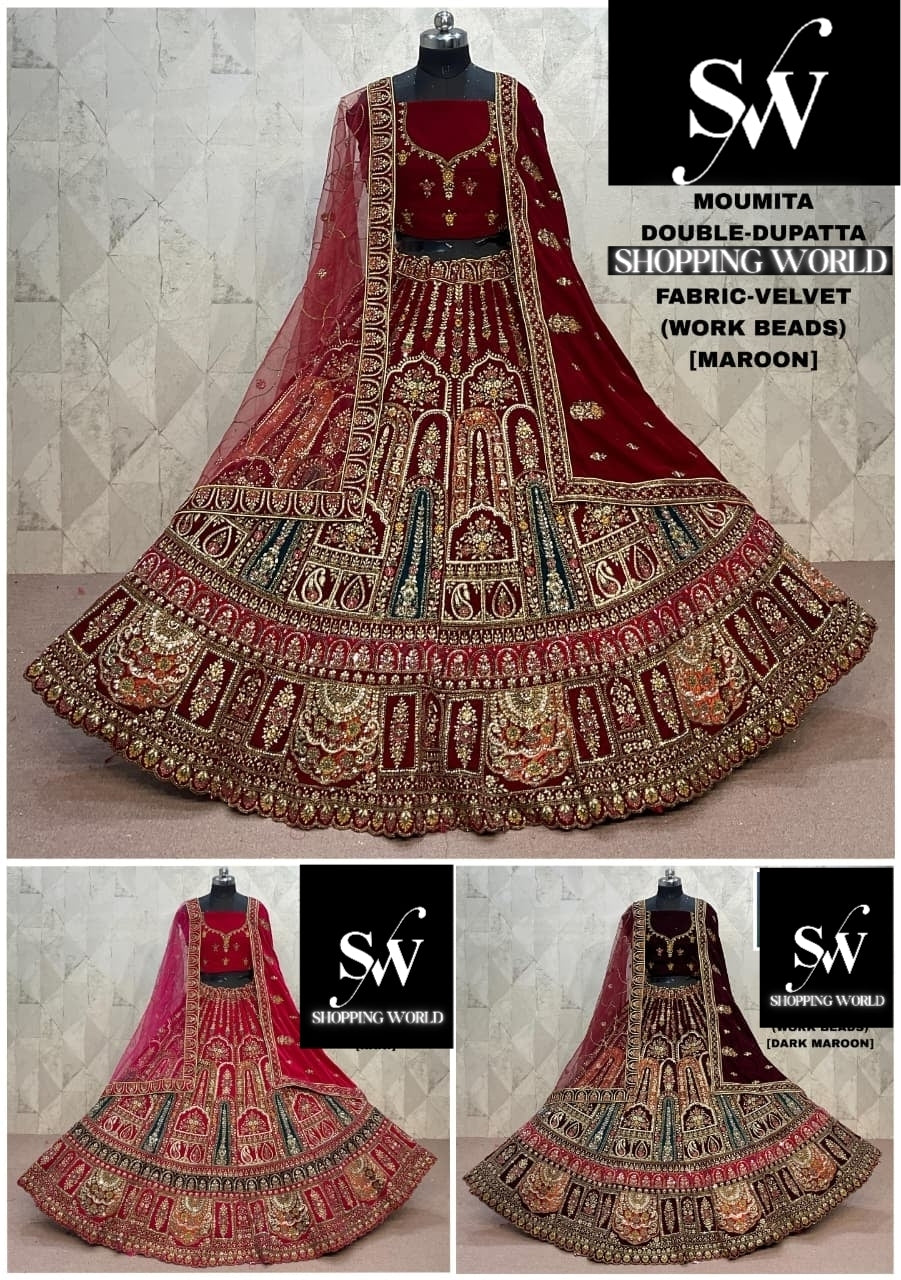 Pretty Maroon Dark maroon Rani pink Double Duptta Velvet Bridal Lehenga