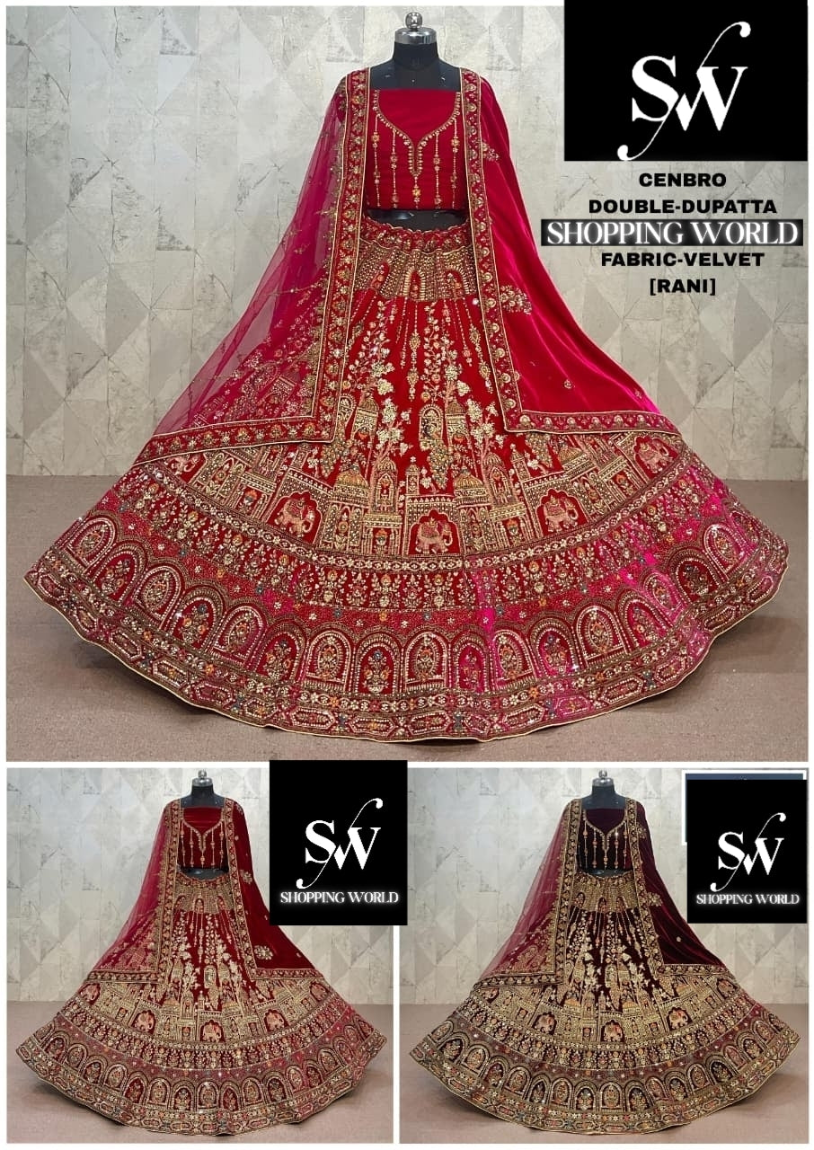 Tremendous Rani pink Maroon Dark Maroon Double Duptta Velvet Bridal Lehenga