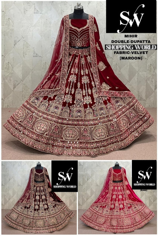 Designer maroon Dark Maroon Maroon Double Duptta Velvet Bridal Lehenga